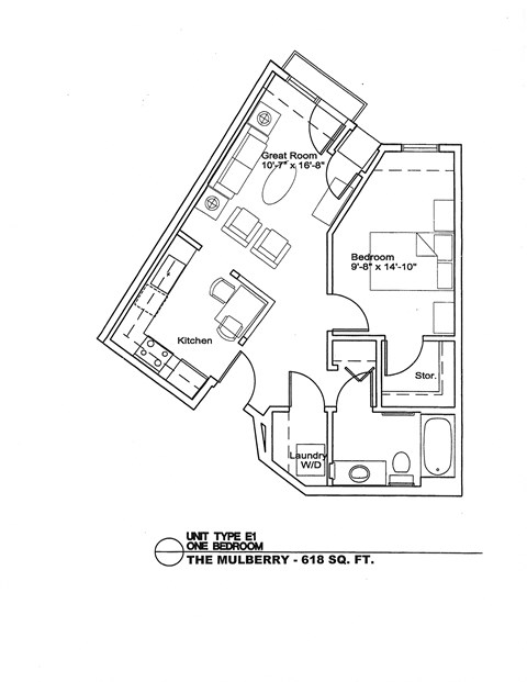 A floor plan of a one bedroom apartment with a kitchen and a bathroom.